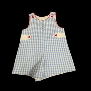 THE PROPER PEONY Blue and White Checkered MICKEY MOUSE Romper with Red Accents